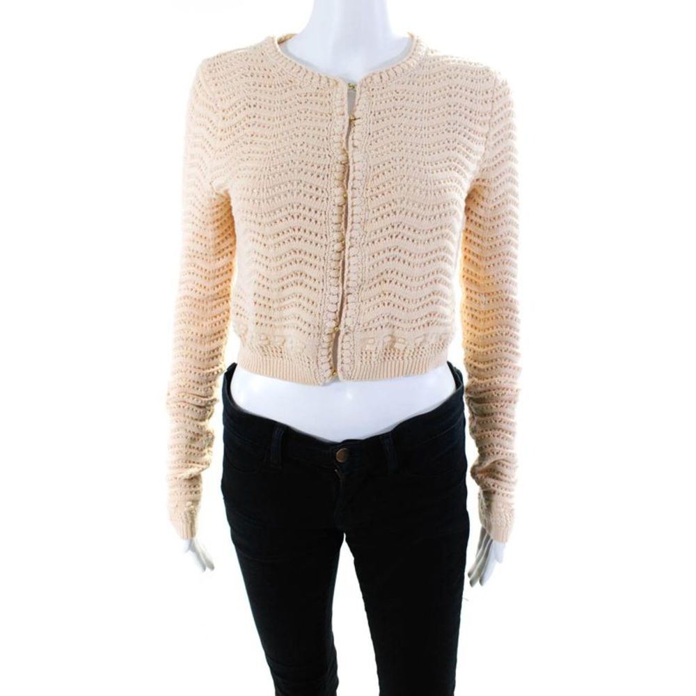 Designer Women's Long Sleeves Hook Closure Open Knit Cardigan Sweater Beige S